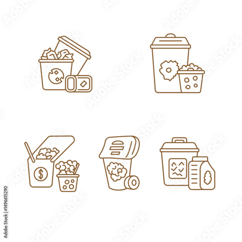 Set of outline icon illustrations depicting various waste containers and litter symbols