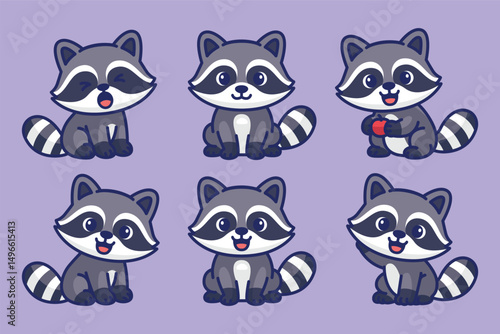 Cute raccoon cartoon character set