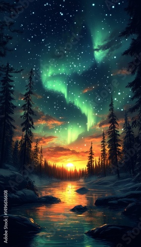 Aurora borealis over tranquil forest lake at sunset; nature wallpaper