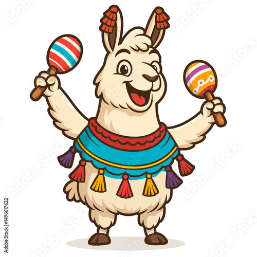 joyful llama with maracas and poncho illustration logo design clipart mascot