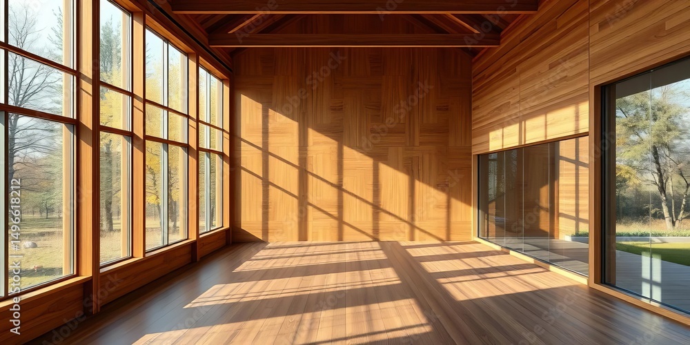 Obraz premium Vast room, wooden & glass walls, natural light streams in, window, lines