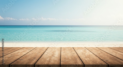 Empty Wooden Table on Sandy Beach Overlooking Tropical Ocean