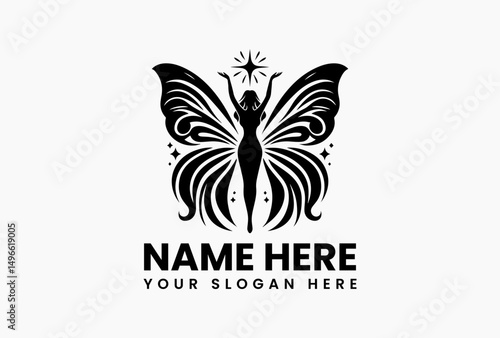 Elegant silhouette of winged woman reaching for celestial star in ornate black vector logo. Ethereal fantasy emblem  