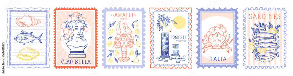 Summer Italy stamp. Lemon Amalfi beach vintage postcard. Sea summer illustration vector design. Italian Amalfi beach. Post stamp pattern. Retro Italy sea vacation. Lemon lobster tomato column frame bg