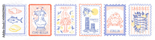 Summer Italy stamp. Lemon Amalfi beach vintage postcard. Sea summer illustration vector design. Italian Amalfi beach. Post stamp pattern. Retro Italy sea vacation. Lemon lobster tomato column frame bg