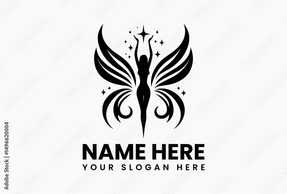 Elegant silhouette of winged woman reaching for celestial star in ornate black vector logo. Ethereal fantasy emblem Elegant silhouette of winged woman reaching for celestial star in ornate black vector logo. Ethereal fantasy emblem