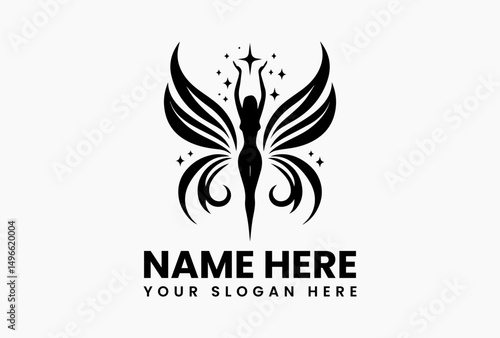 Elegant silhouette of winged woman reaching for celestial star in ornate black vector logo. Ethereal fantasy emblem  