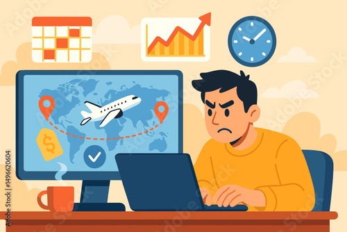 Young man planning travel on laptop while looking concerned at desk  