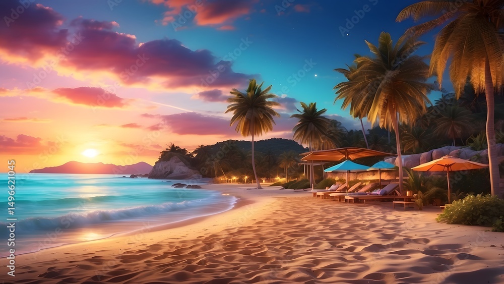 Fototapeta premium A radiant private beach glowing with vibrant AI-controlled lighting at sunset, Cinematic theme, HDR, Vibrant