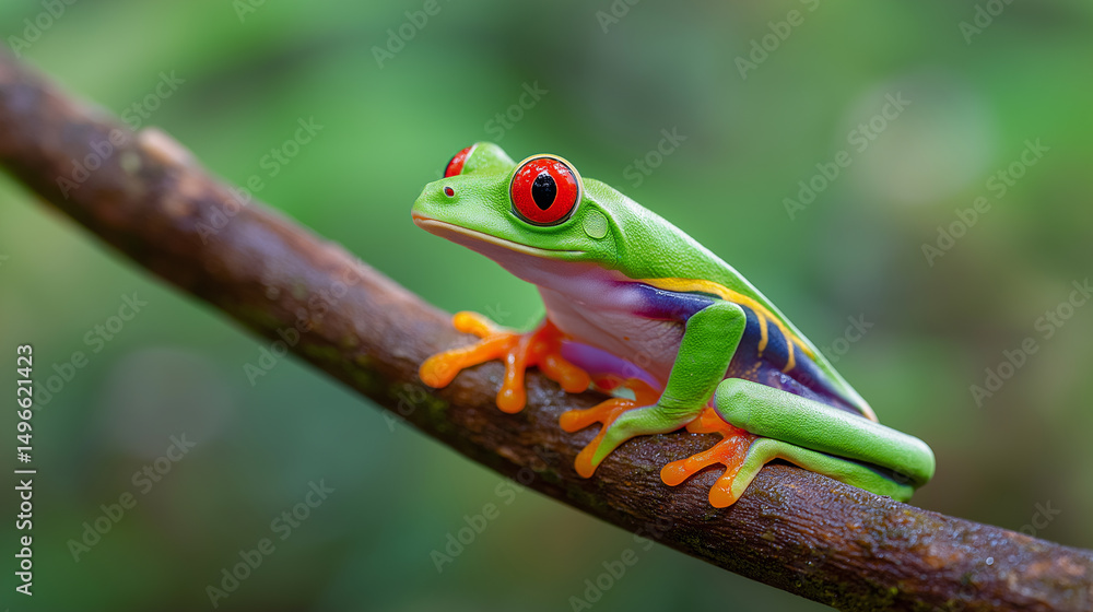 Obraz premium Colorful red-eyed tree frog perched on a green tropical leaf in a lush environment. 