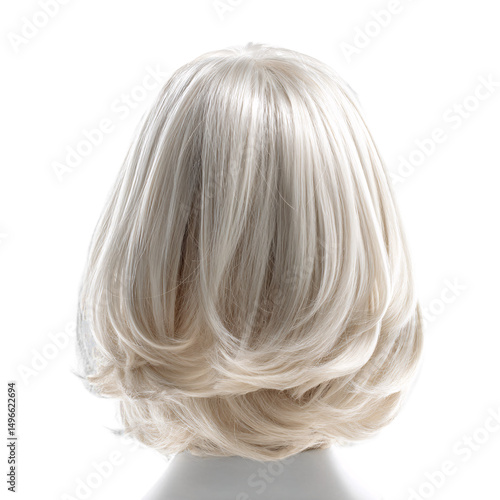 Front view of a stylish wig, isolated on a clean white background for creative work.