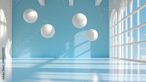 White Spheres Floating in Blue Interior with Sunny Window