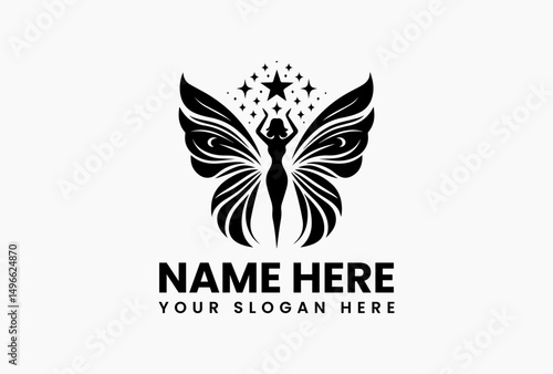 Enchanting silhouette logo featuring winged woman with outstretched arms pursuing bright star. Whimsical fairy tale emblem  