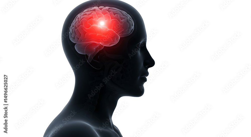 Obraz premium Human Head with Illuminated Brain Area, Medical Illustration