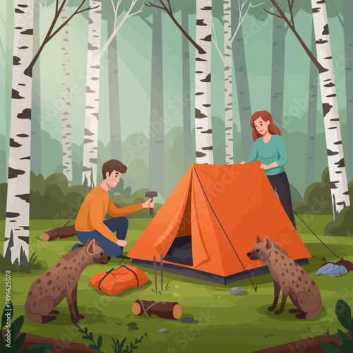 Couple Setting Up Tent in Forest with Spotted Hyenas Around