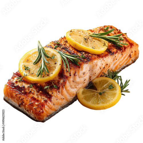 Delicious grilled salmon fillet recipe with lemon and fresh herbs close up view on transparent background