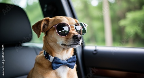Photo of Stylish Dog in Car with Sunglasses and Bow Tie