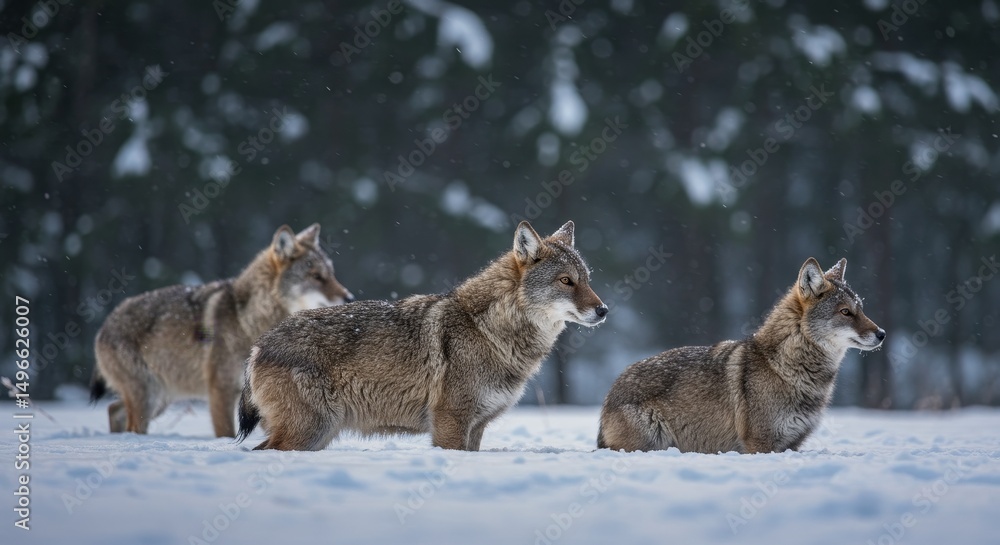Obraz premium Photo of Three Wolves in Snowy Forest