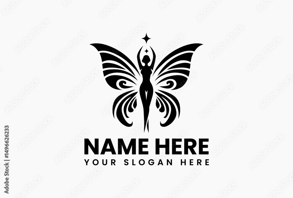 Graceful feminine vector art of butterfly-winged woman ascending toward shining star in monochrome. Fantasy aspiration symbol Graceful feminine vector art of butterfly-winged woman ascending toward shining star in monochrome. Fantasy aspiration symbol