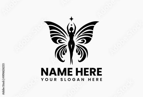 Graceful feminine vector art of butterfly-winged woman ascending toward shining star in monochrome. Fantasy aspiration symbol  