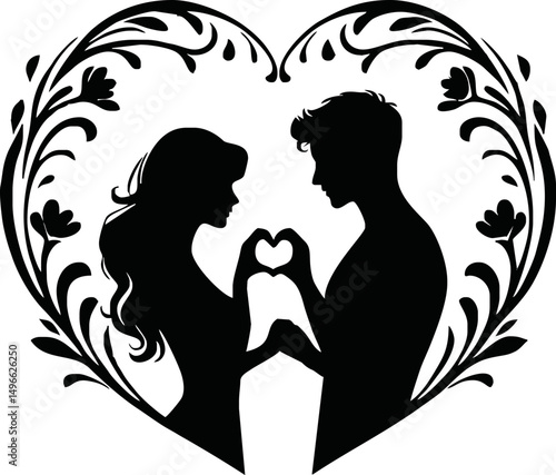 romantic silhouette of a couple people forming a heart with their hand vector style isolated simple vector art on white background