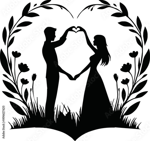 romantic silhouette of a couple people forming a heart with their hand vector style isolated simple vector art on white background