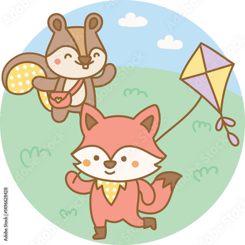 Fox and squirrel flying a kite together on a sunny outdoor field during summer playtime