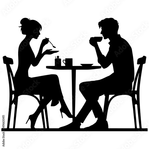 Man and Woman Drink Coffee Silhouette.