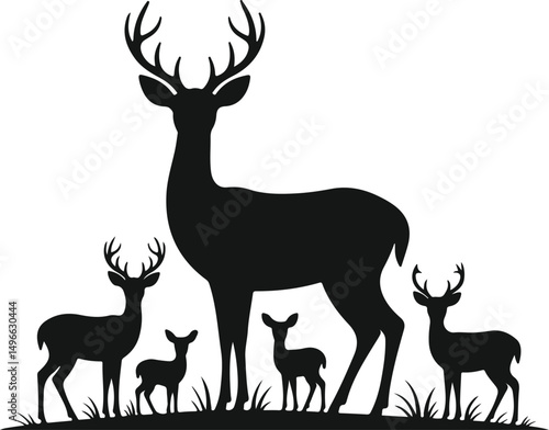 Silhouette of deer family with antlers standing in grass black vector illustration for wildlife forest and nature designs
