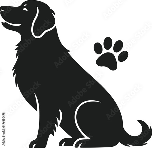 Silhouette of sitting dog with paw print black vector illustration for pet animal and veterinary designs
