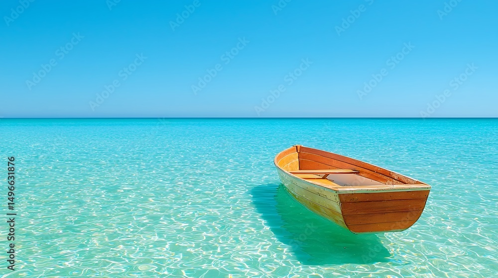 Naklejka premium Wooden Boat Floating on Crystal Clear Ocean