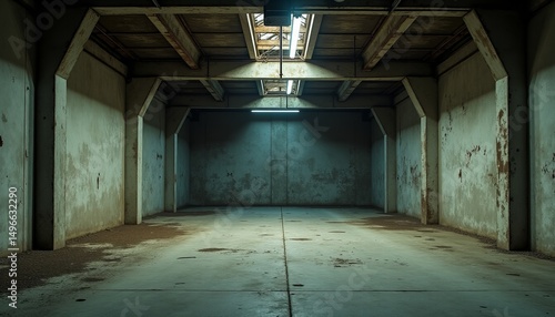 Derelict Warehouse Interior Vast Empty Space with Concrete Floors and Structural Elements Under Skylights