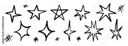 Black crayon hand drawn star set. Childish doodled sparks and sparkles collection. Grunge rough brush stroke shine elements pack for collage, poster, sticker. Kid sketched wax pencil symbols. Vector