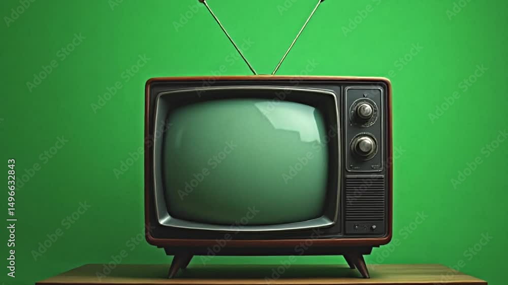 vintage television displayed against a bold green backdrop, characterized by static and noise, sepia toned hues giving an aged feel, meticulously crafted details on the tv set