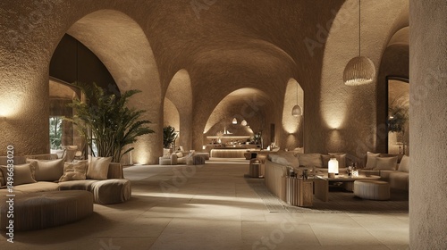 A spacious, minimalist lobby with arches, warm lighting, and comfortable seating