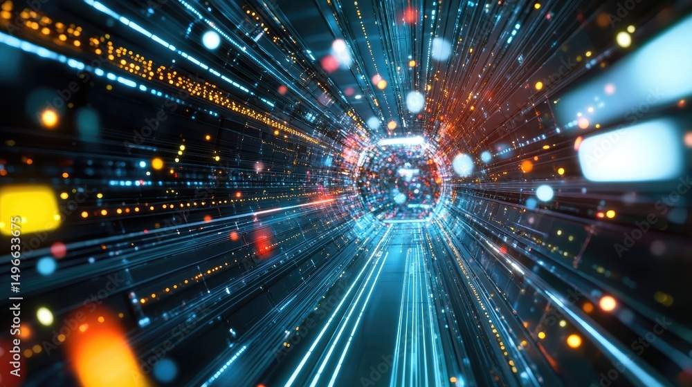 Abstract digital tunnel with vibrant light streaks and data particles Abstract digital tunnel with vibrant light streaks and data particles