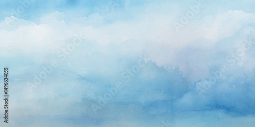 Tranquil abstract watercolor background featuring a serene blue sky with soft fluffy clouds