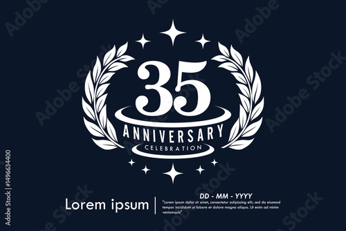 35th years anniversary celebration emblem. congratulations anniversary logo isolated with laurel wreath and stars on Black background. vector illustration template design