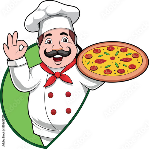 Vector cartoon Italian chef holding pizza – comes as EPS file.