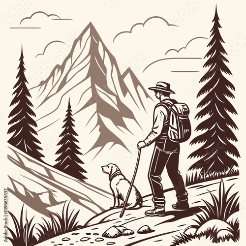 Vintage-style vector illustration of a hiker with a dog admiring a mountain landscape among pine trees