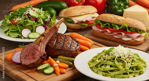 beef steak with vegetables.Gourmet Food Spread: Lamb Chops, Steak, Pesto Pasta, Deli Sandwiches & Fresh Salad.