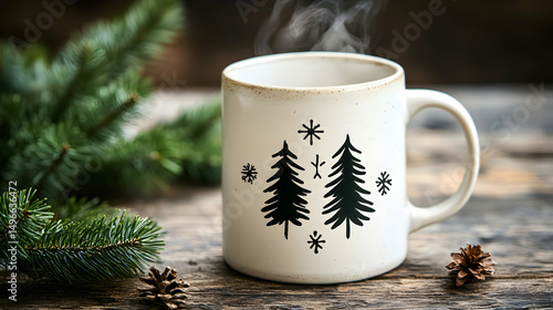 Wallpaper Mural Cozy winter scene with a steaming mug featuring a Christmas tree design, pine branches, and pine cones on a rustic wooden table. Torontodigital.ca