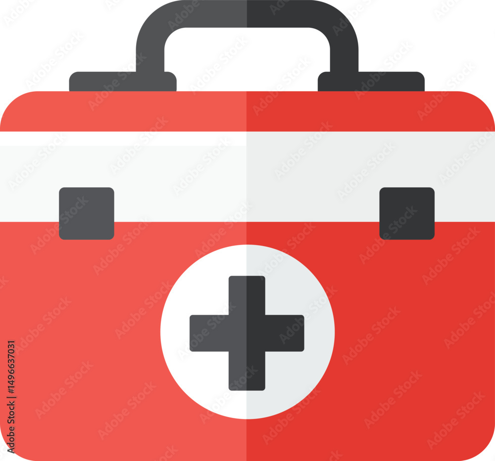 Fototapeta premium First Aid Kit Box Flat Vector Illustration – Minimalist Medical Icon with Red Case, Isolated on White Background, Ideal for Stickers and Emergency Graphics