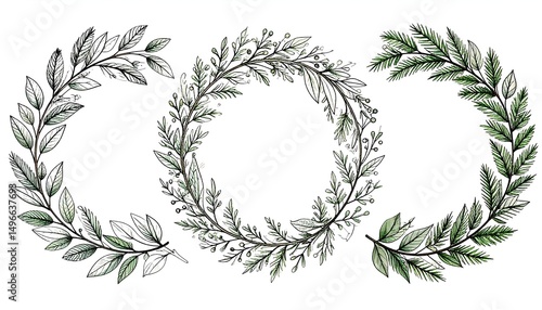 Collection of minimal black and white botanical line drawings, including wreath, twigs, and leaves, modern clean aesthetic, outline sketch style