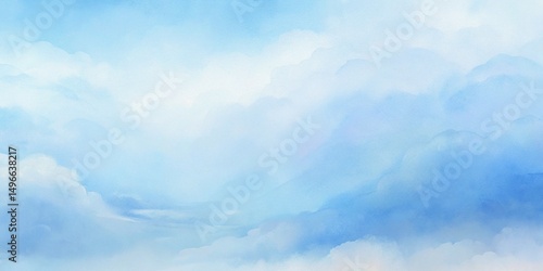 Tranquil abstract watercolor background featuring a serene blue sky with soft fluffy clouds