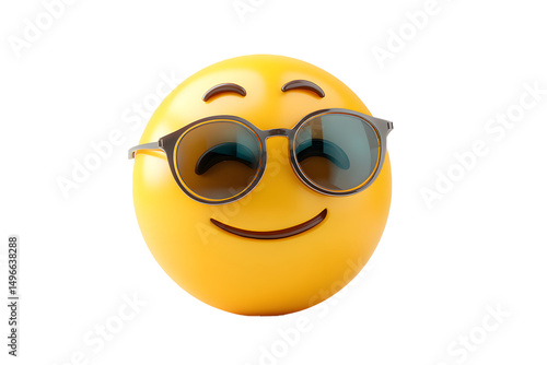 A smiling, yellow emoji with closed eyes and a big grin, wearing reflective sunglasses with a dark frame.
