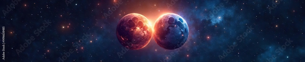 Naklejka premium Two celestial bodies, mirroring each other, shine brightly in the night sky A stunning astrological double star system, evocative of twin constellations , nebula, constellation, sky