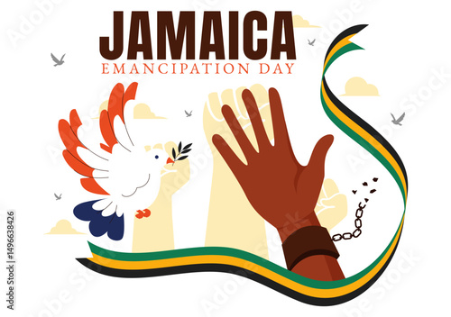 Vector Illustration of Jamaica Emancipation Day on August 1st featuring a Waving Flag and Broken Hand Chain to Commemorate the National Holiday
