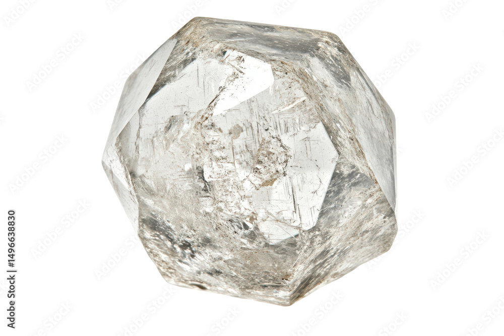 A translucent, multifaceted, geometric crystal sphere with visible internal inclusions and subtle cloudiness A translucent, multifaceted, geometric crystal sphere with visible internal inclusions and subtle cloudiness