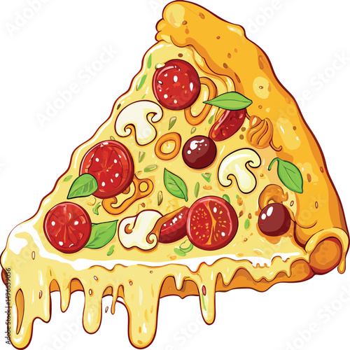 Vector illustration of a hot, melty slice of pepperoni pizza in a sketch style.